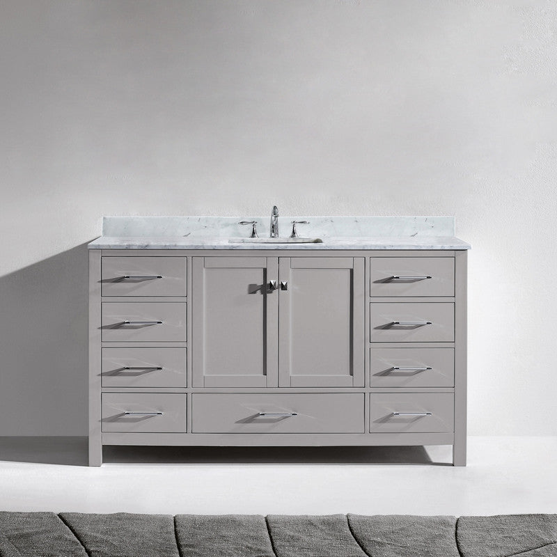 VHG GS-50060-WMSQ-GR-NM Caroline Avenue 60" Single Bath Vanity in Gray with White Marble Top and Square Sink