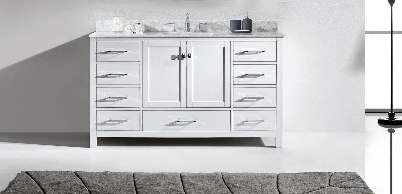 VHG GS-50060-WMSQ-WH-NM Caroline Avenue 60" Single Bath Vanity in White with White Marble Top and Square Sink
