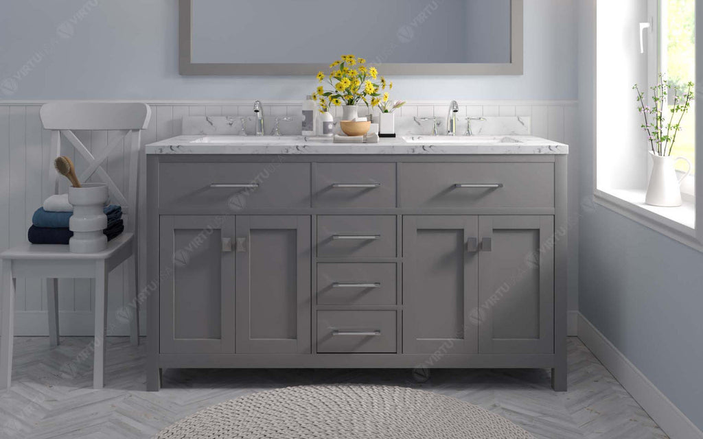 VHG MD-2060-CMRO-GR-NM Caroline 60" Double Bath Vanity in Gray with Cultured Marble Quartz Top and Round Sinks