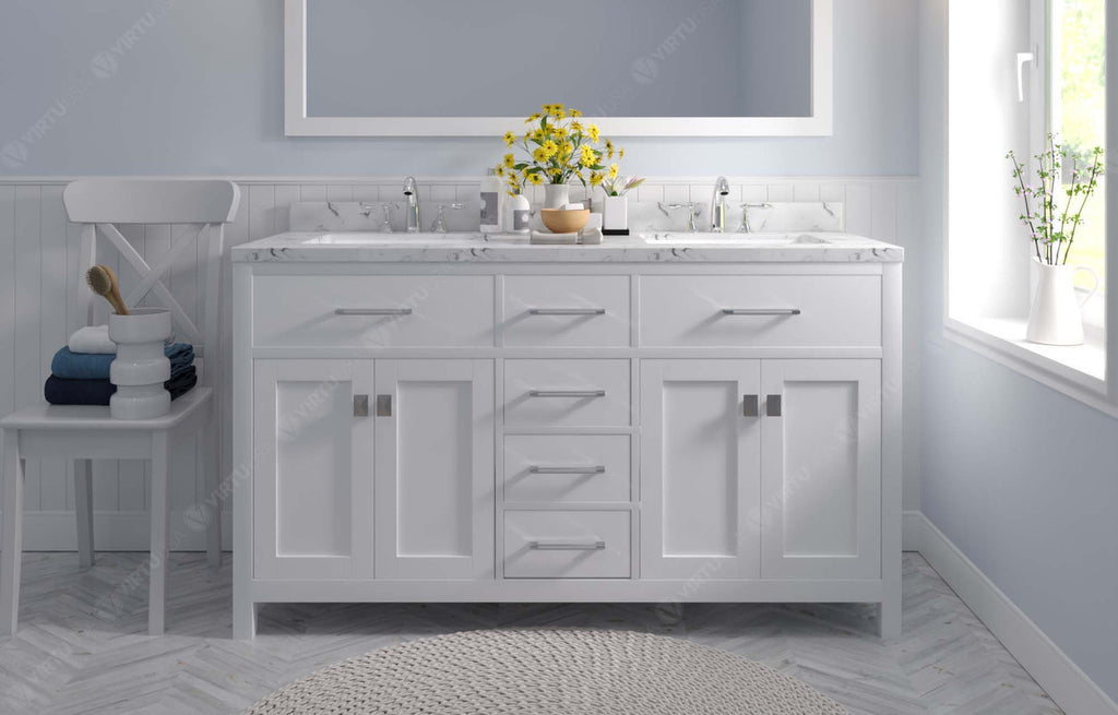 VHG MD-2060-CMRO-WH-NM Caroline 60" Double Bath Vanity in White with Cultured Marble Quartz Top and Round Sinks