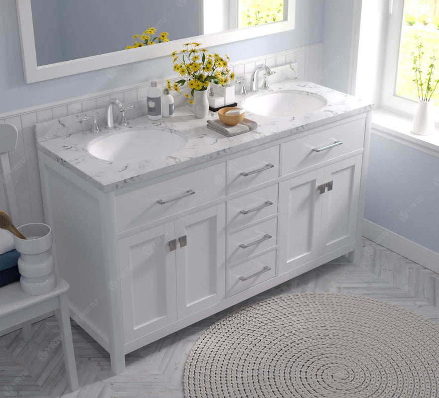 VHG MD-2060-CMRO-WH-NM Caroline 60" Double Bath Vanity in White with Cultured Marble Quartz Top and Round Sinks