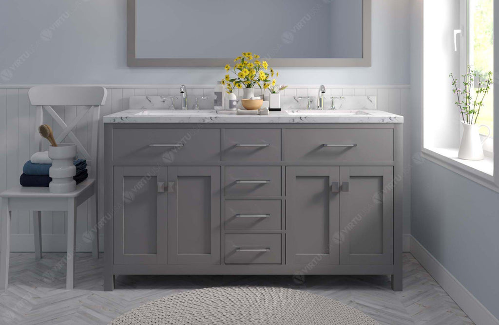 VHG MD-2060-CMSQ-WH-NM Caroline 60" Double Bath Vanity in White with Cultured Marble Quartz Top and Square Sinks