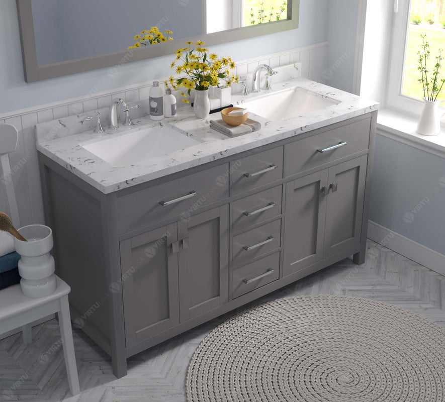 VHG MD-2060-CMSQ-GR-NM Caroline 60" Double Bath Vanity in Gray with Cultured Marble Quartz Top and Square Sinks