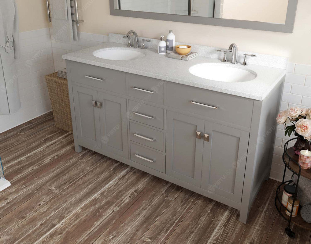 VHG MD-2060-DWQRO-GR-NM Caroline 60" Double Bath Vanity in Gray with White Quartz Top and Round Sinks