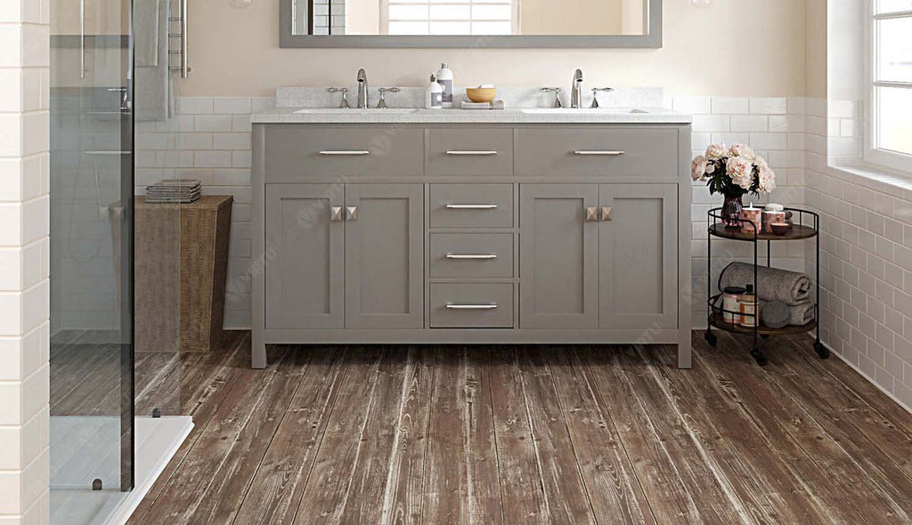 VHG MD-2060-DWQSQ-GR-NM Caroline 60" Double Bath Vanity in Gray with White Quartz Top and Square Sinks