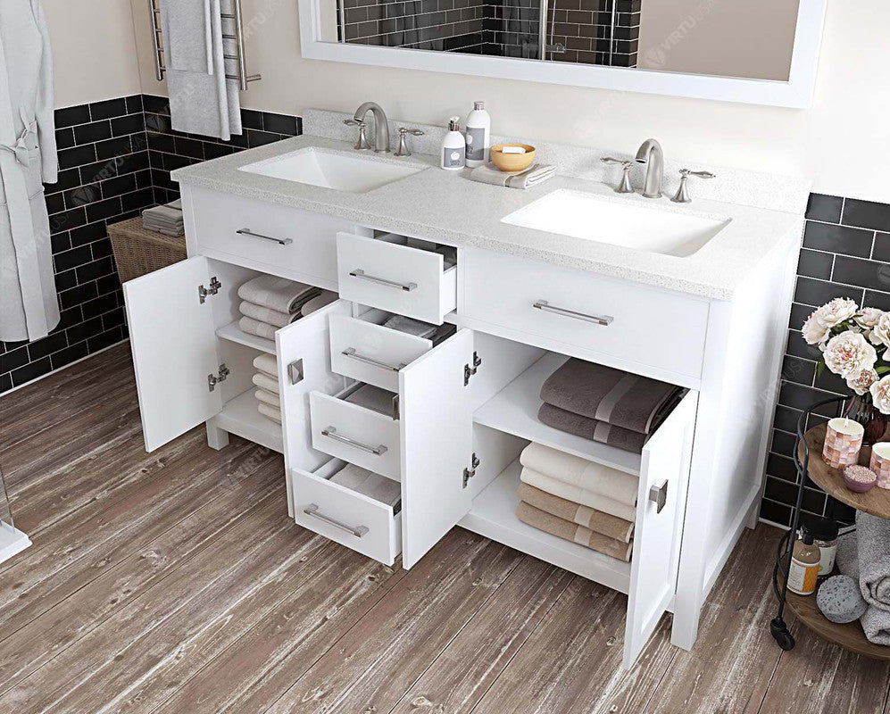 VHG MD-2060-DWQSQ-WH-NM Caroline 60" Double Bath Vanity in White with White Quartz Top and Square Sinks