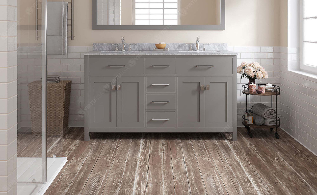 VHG MD-2060-WMRO-GR-NM Caroline 60" Double Bath Vanity in Gray with White Marble Top and Round Sinks