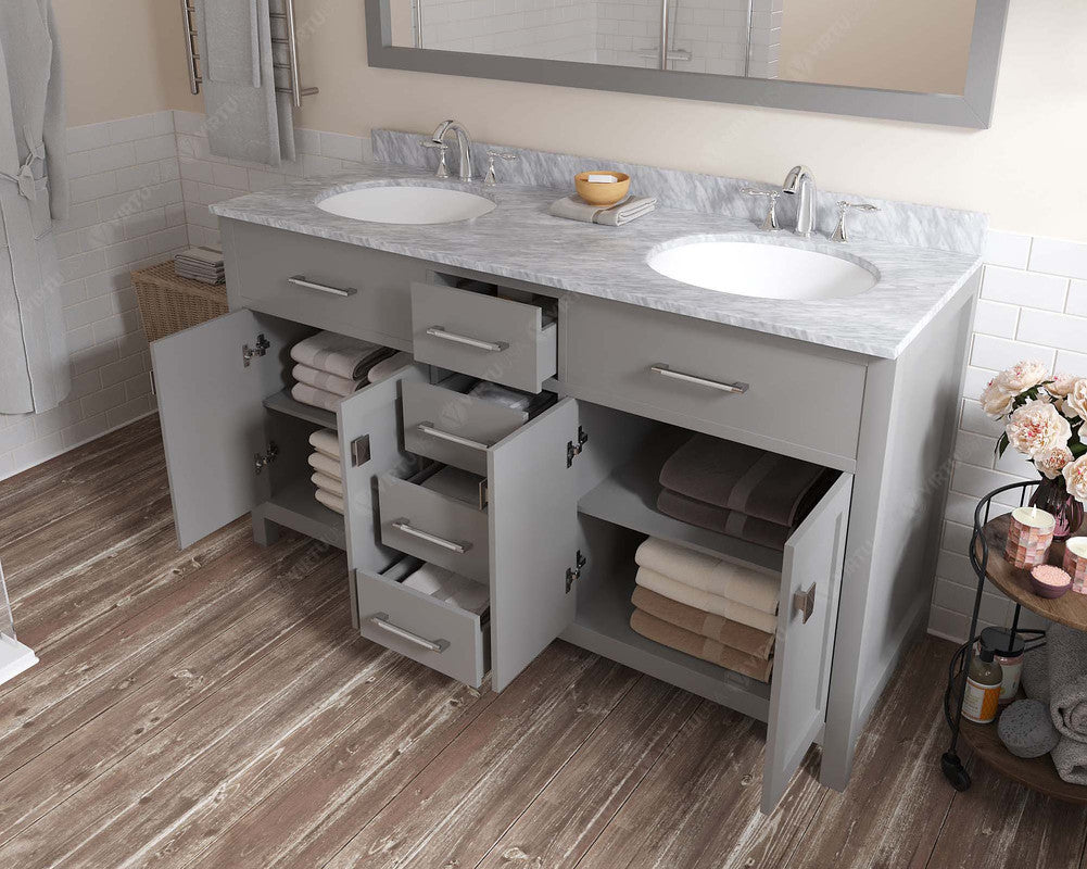 VHG MD-2060-WMRO-GR-NM Caroline 60" Double Bath Vanity in Gray with White Marble Top and Round Sinks
