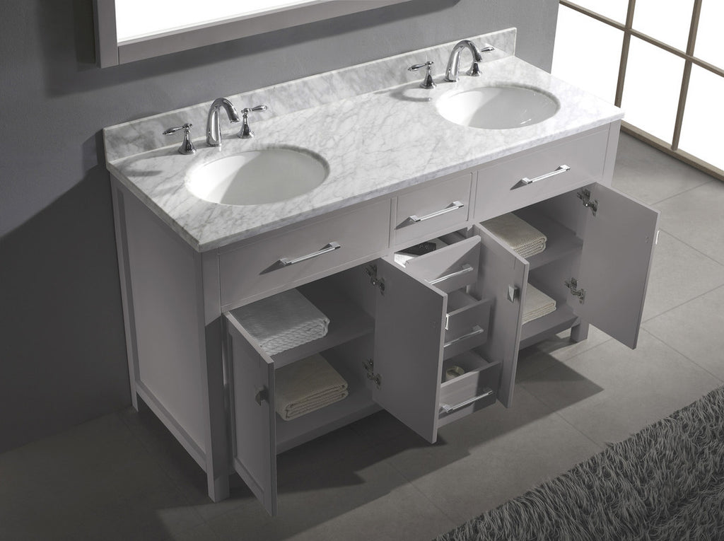 VHG MD-2060-WMRO-GR-NM Caroline 60" Double Bath Vanity in Gray with White Marble Top and Round Sinks