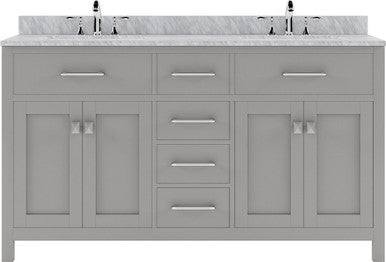 VHG MD-2060-WMRO-GR-NM Caroline 60" Double Bath Vanity in Gray with White Marble Top and Round Sinks