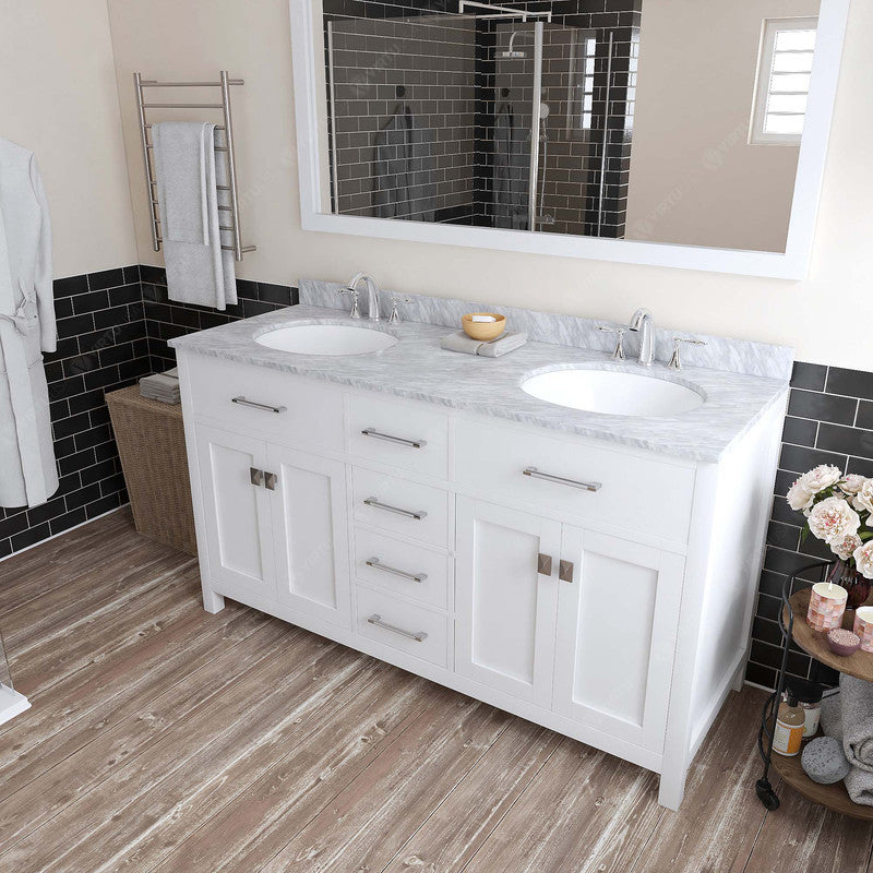 VHG MD-2060-WMRO-WH-NM Caroline 60" Double Bath Vanity in White with White Marble Top and Round Sinks