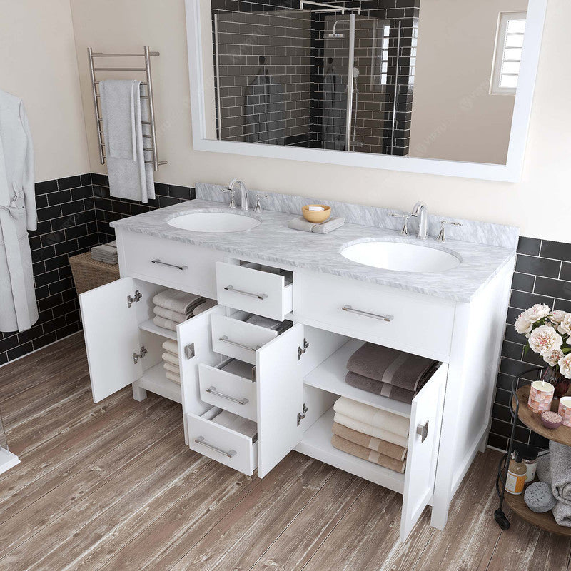 VHG MD-2060-WMRO-WH-NM Caroline 60" Double Bath Vanity in White with White Marble Top and Round Sinks