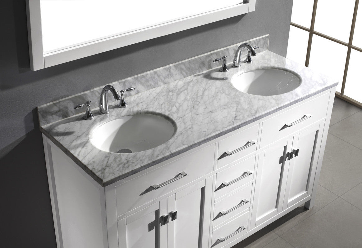 VHG MD-2060-WMRO-WH-NM Caroline 60" Double Bath Vanity in White with White Marble Top and Round Sinks