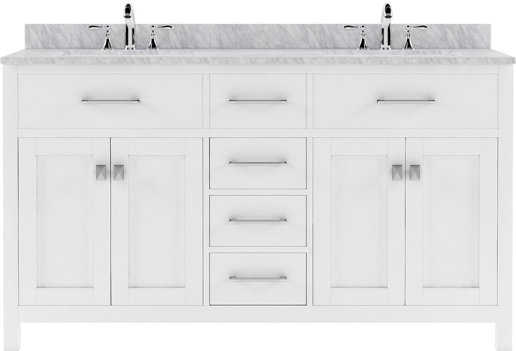 VHG MD-2060-WMRO-WH-NM Caroline 60" Double Bath Vanity in White with White Marble Top and Round Sinks