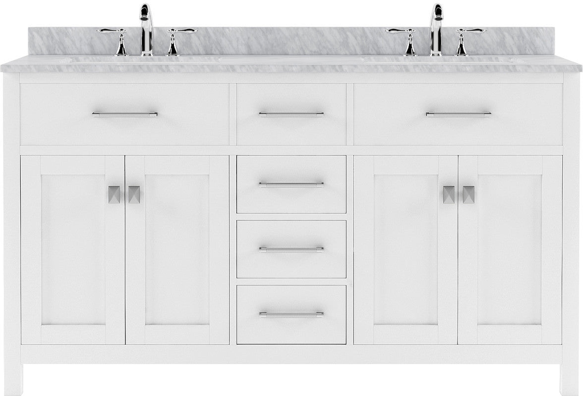 VHG MD-2060-WMRO-WH-NM Caroline 60" Double Bath Vanity in White with White Marble Top and Round Sinks