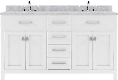 VHG MD-2060-WMRO-WH-NM Caroline 60" Double Bath Vanity in White with White Marble Top and Round Sinks