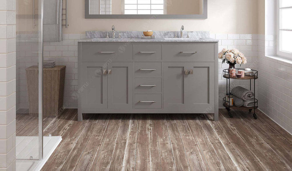 VHG MD-2060-WMSQ-GR-NM Caroline 60" Double Bath Vanity in Gray with White Marble Top and Square Sinks