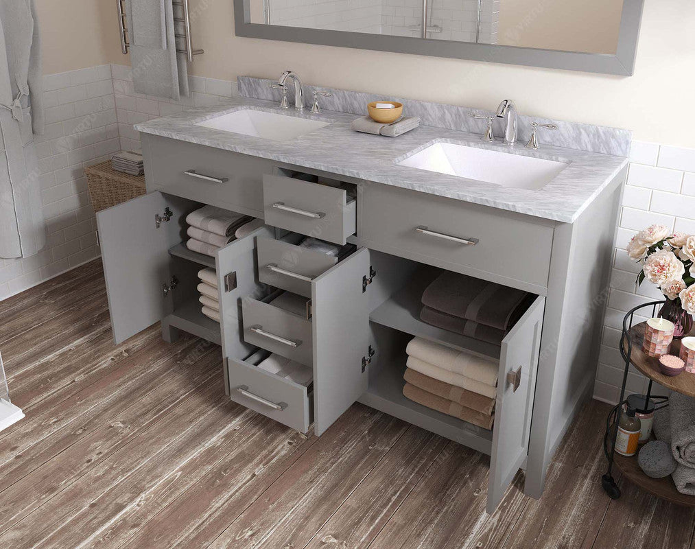 VHG MD-2060-WMSQ-GR-NM Caroline 60" Double Bath Vanity in Gray with White Marble Top and Square Sinks