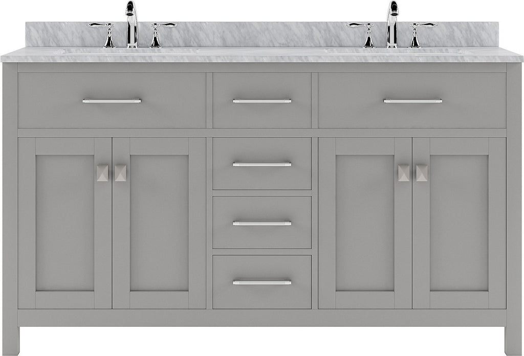 VHG MD-2060-WMSQ-GR-NM Caroline 60" Double Bath Vanity in Gray with White Marble Top and Square Sinks