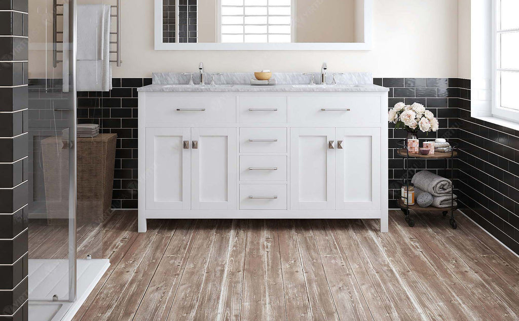 VHG MD-2060-WMSQ-WH-NM Caroline 60" Double Bath Vanity in White with White Marble Top and Square Sinks