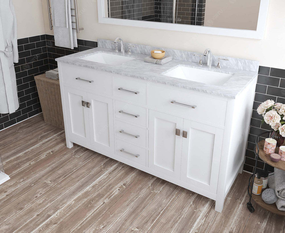 VHG MD-2060-WMSQ-WH-NM Caroline 60" Double Bath Vanity in White with White Marble Top and Square Sinks