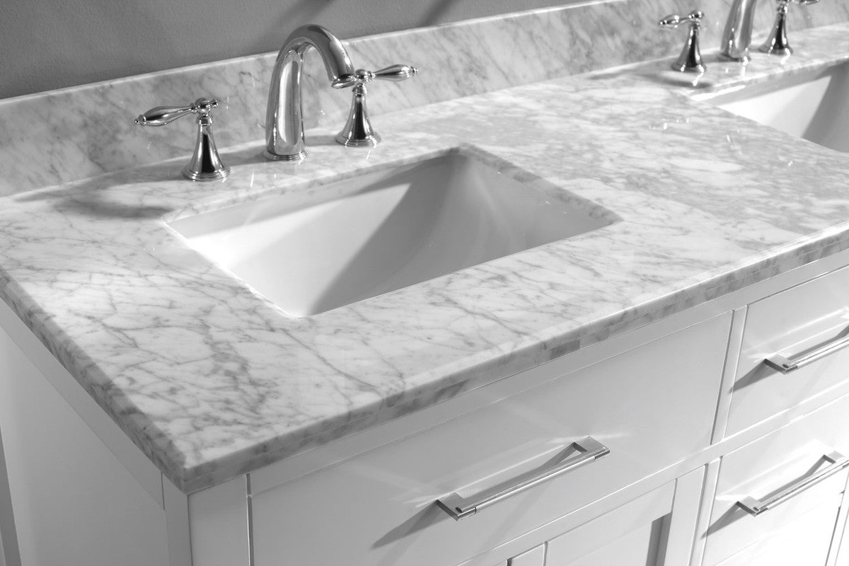 VHG MD-2060-WMSQ-WH-NM Caroline 60" Double Bath Vanity in White with White Marble Top and Square Sinks