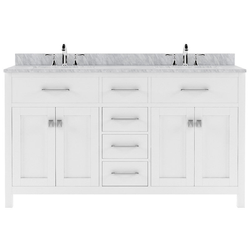 VHG MD-2060-WMSQ-WH-NM Caroline 60" Double Bath Vanity in White with White Marble Top and Square Sinks