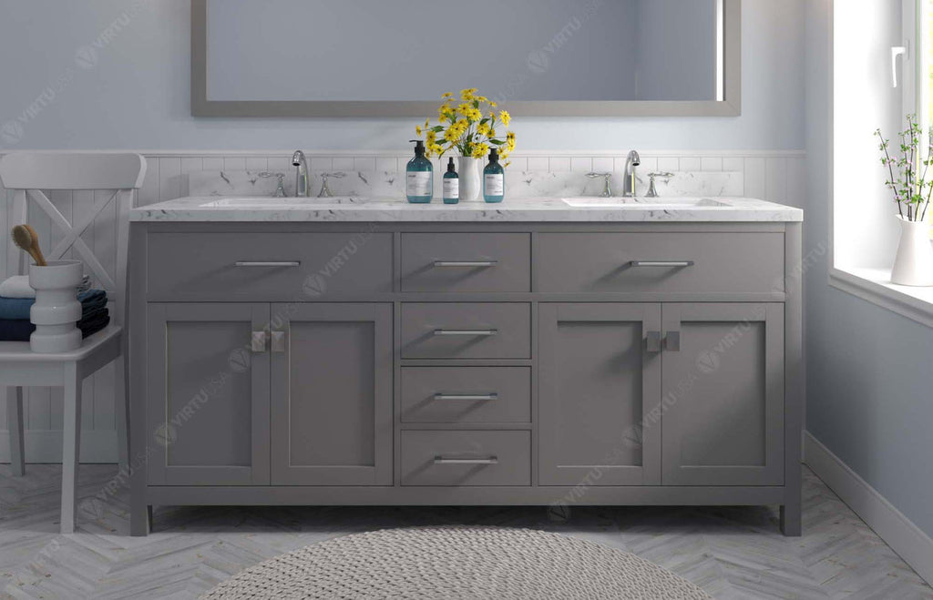 VHG MD-2072-CMSQ-GR-NM Caroline 72" Double Bath Vanity in Gray with Cultured Marble Quartz Top and Square Sinks