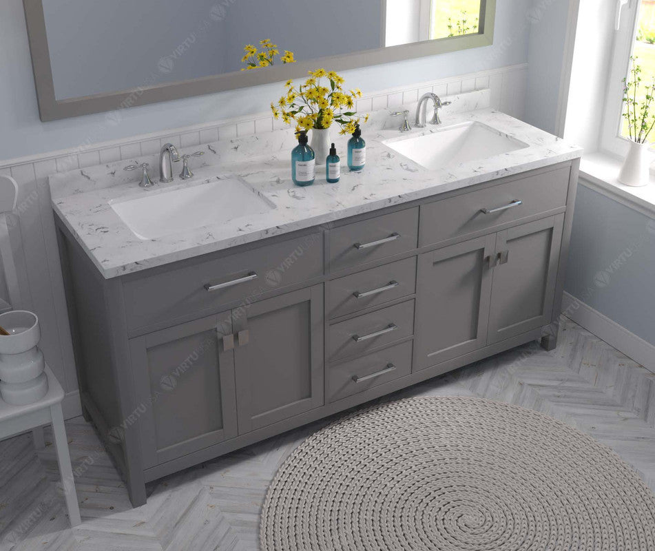 VHG MD-2072-CMSQ-GR-NM Caroline 72" Double Bath Vanity in Gray with Cultured Marble Quartz Top and Square Sinks