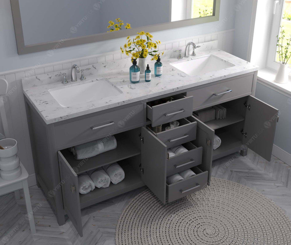 VHG MD-2072-CMSQ-GR-NM Caroline 72" Double Bath Vanity in Gray with Cultured Marble Quartz Top and Square Sinks