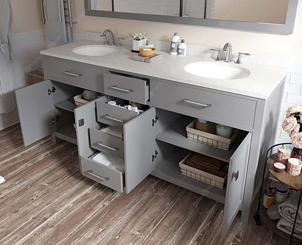 VHG MD-2072-DWQRO-GR-NM Caroline 72" Double Bath Vanity in Gray with White Quartz Top and Round Sinks