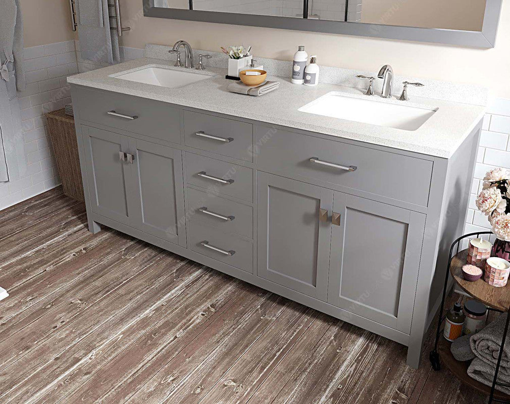 VHG MD-2072-DWQSQ-GR-NM Caroline 72" Double Bath Vanity in Gray with White Quartz Top and Square Sinks