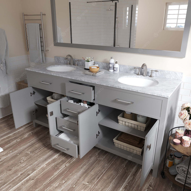 VHG MD-2072-WMRO-GR-NM Caroline 72" Double Bath Vanity in Gray with White Marble Top and Round Sinks