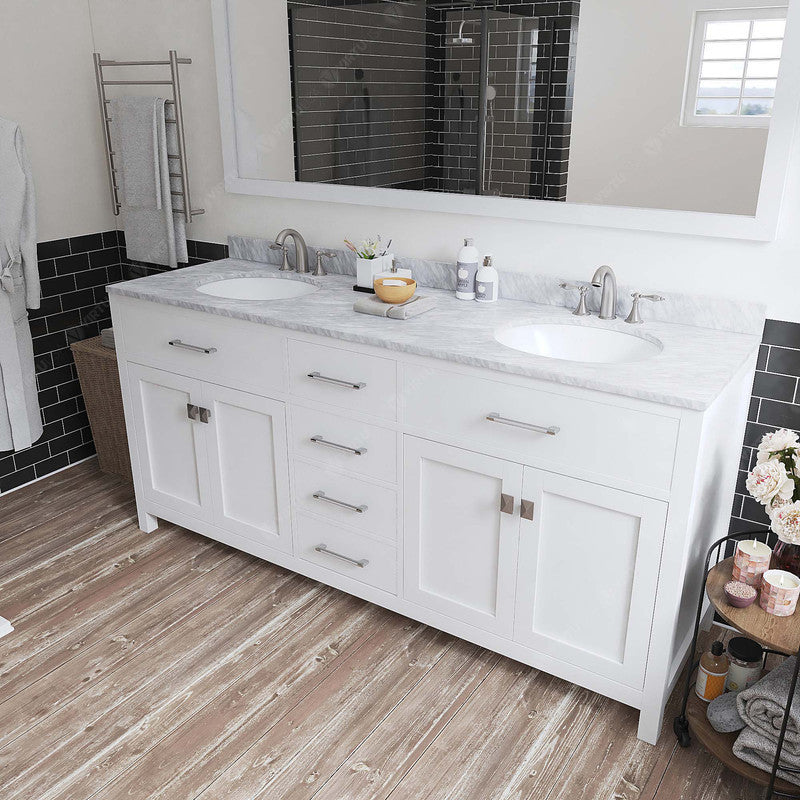 VHG MD-2072-WMRO-WH-NM Caroline 72" Double Bath Vanity in White with White Marble Top and Round Sinks