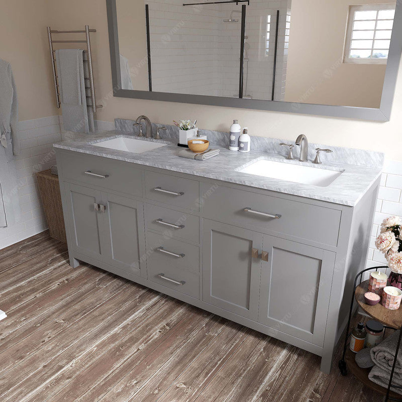 VHG MD-2072-WMSQ-GR-NM Caroline 72" Double Bath Vanity in Gray with White Marble Top and Square Sinks