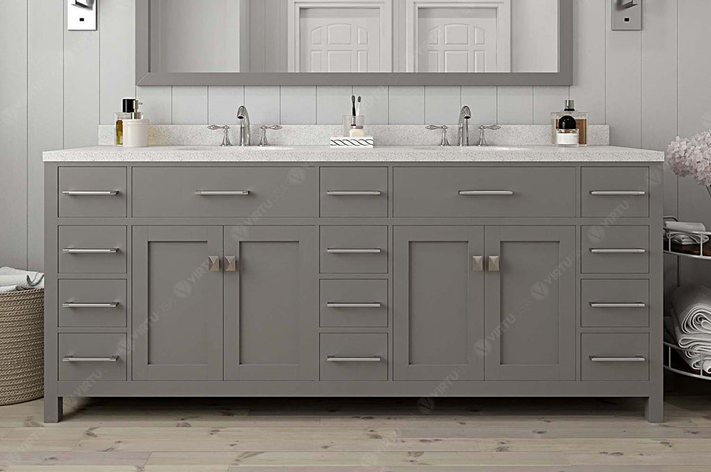 VHG MD-2178-DWQSQ-GR-NM Caroline Parkway 78" Double Bath Vanity in Gray with White Quartz Top and Square Sinks