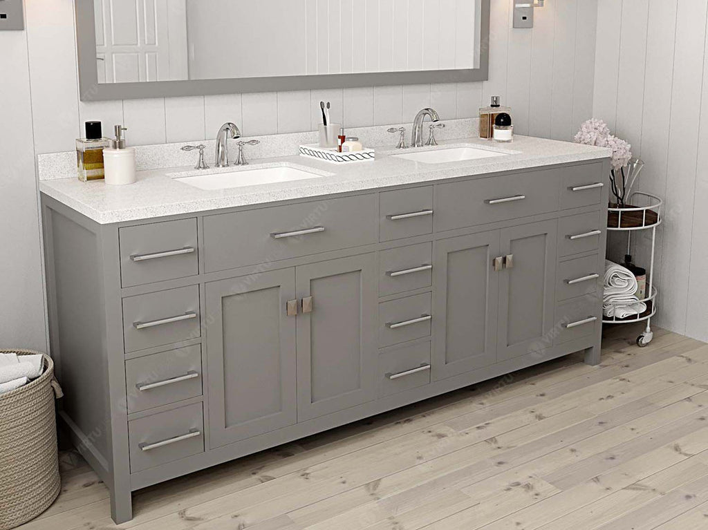 VHG MD-2178-DWQSQ-GR-NM Caroline Parkway 78" Double Bath Vanity in Gray with White Quartz Top and Square Sinks
