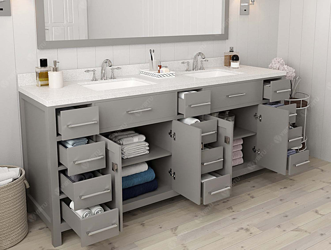 VHG MD-2178-DWQSQ-GR-NM Caroline Parkway 78" Double Bath Vanity in Gray with White Quartz Top and Square Sinks