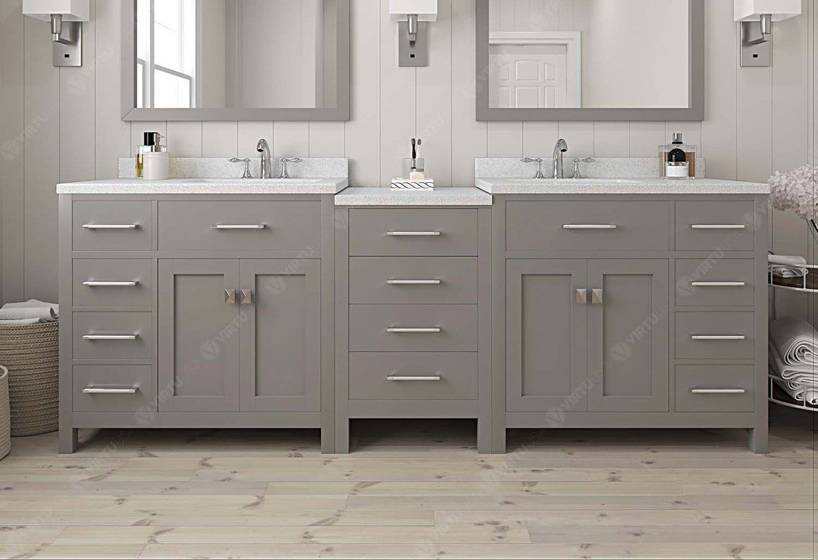 VHG MD-2193-DWQRO-GR-NM Caroline Parkway 93" Double Bath Vanity in Gray with White Quartz Top and Round Sinks
