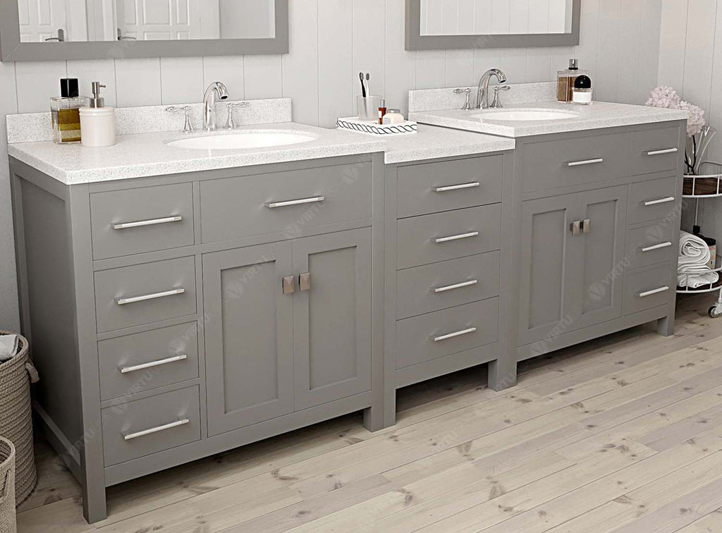 VHG MD-2193-DWQRO-GR-NM Caroline Parkway 93" Double Bath Vanity in Gray with White Quartz Top and Round Sinks