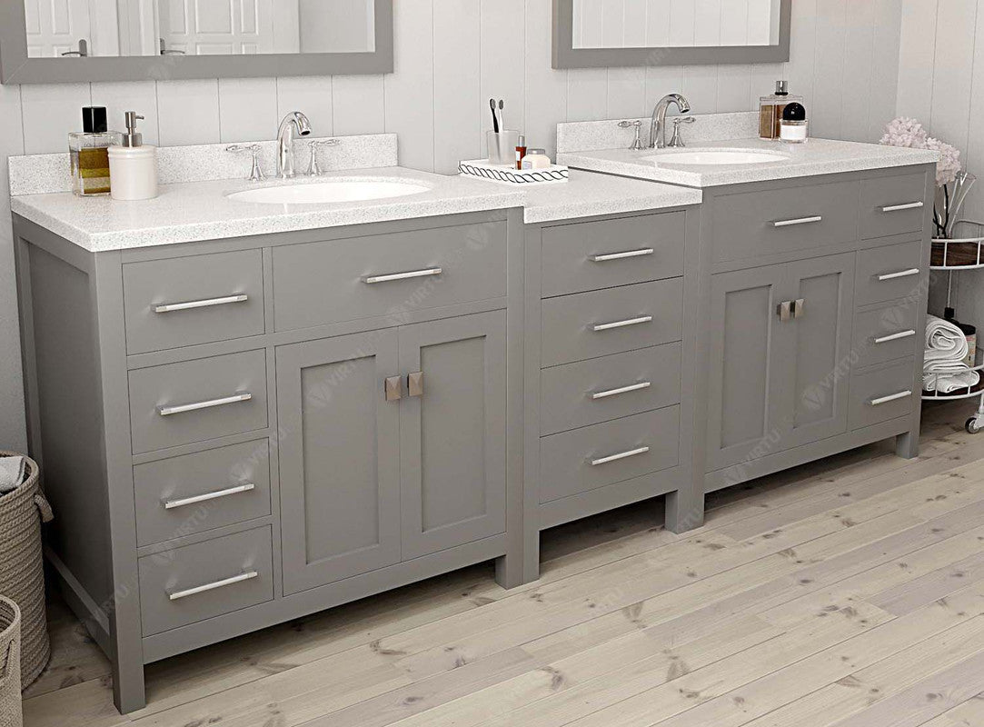 VHG MD-2193-DWQRO-GR-NM Caroline Parkway 93" Double Bath Vanity in Gray with White Quartz Top and Round Sinks