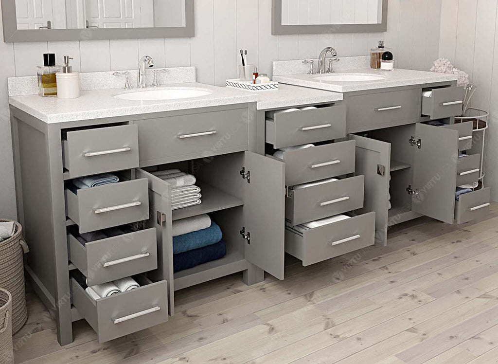 VHG MD-2193-DWQRO-GR-NM Caroline Parkway 93" Double Bath Vanity in Gray with White Quartz Top and Round Sinks