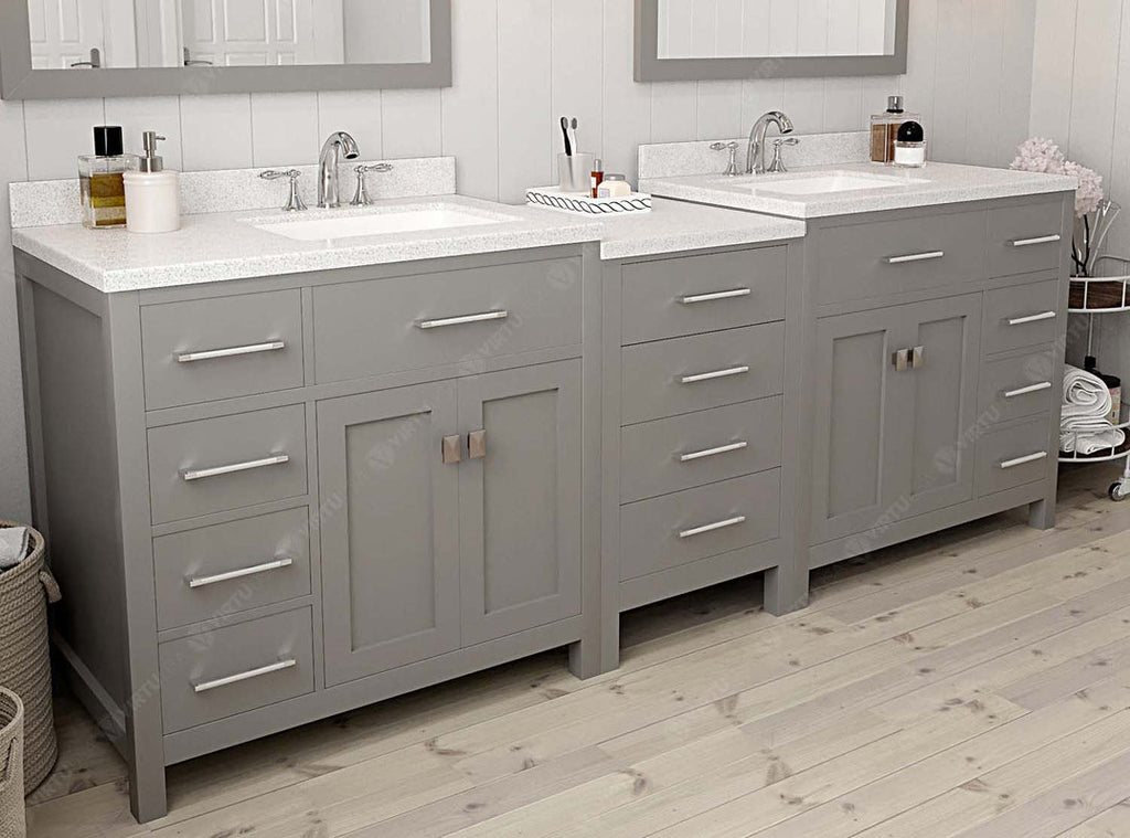 VHG MD-2193-DWQSQ-GR-NM Caroline Parkway 93" Double Bath Vanity in Gray with White Quartz Top and Square Sinks