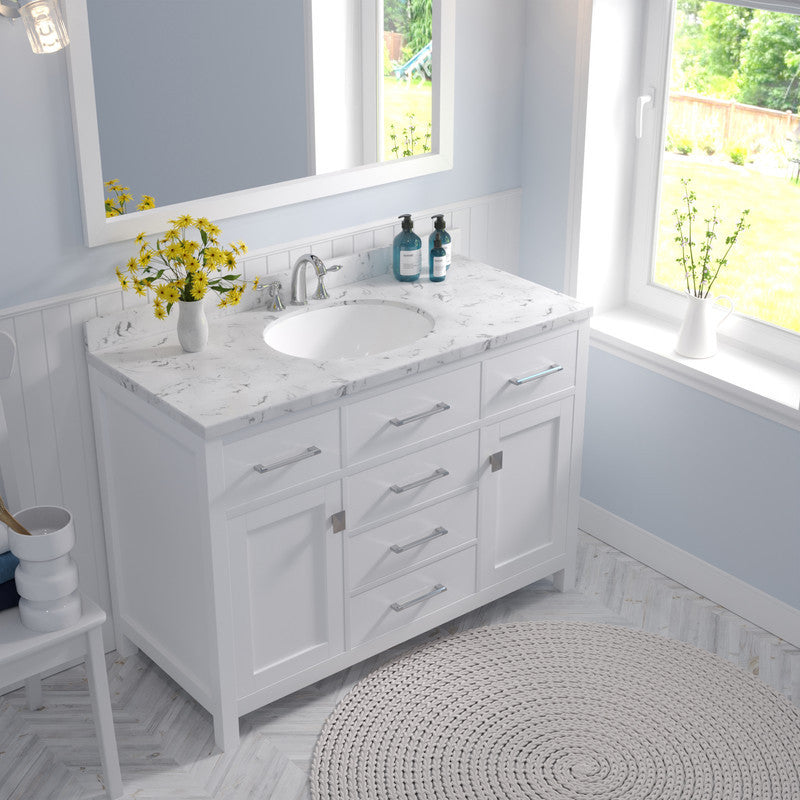 VHG MS-2048-CMRO-WH-NM Caroline 48" Single Bath Vanity in White with Cultured Marble Quartz Top and Round Sink