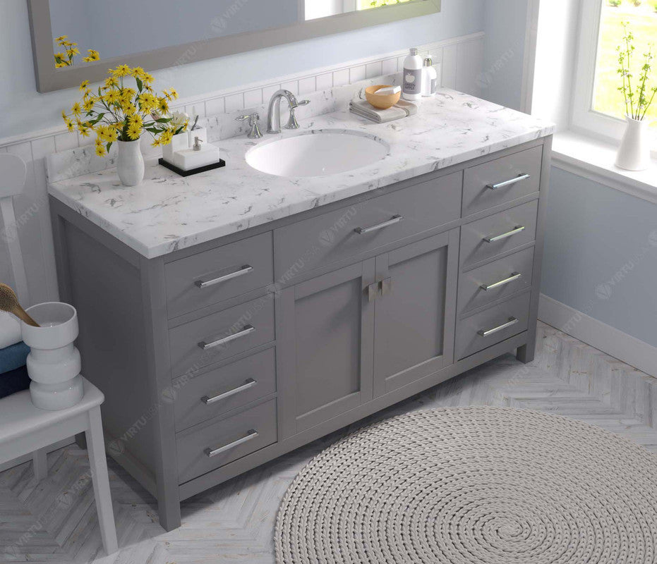 VHG MS-2060-CMRO-GR-NM Caroline 60" Single Bath Vanity in Gray with Cultured Marble Quartz Top and Round Sink