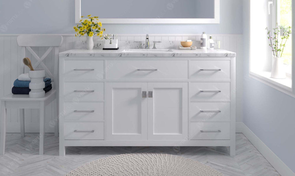 VHG MS-2060-CMRO-WH-NM Caroline 60" Single Bath Vanity in White with Cultured Marble Quartz Top and Round Sink