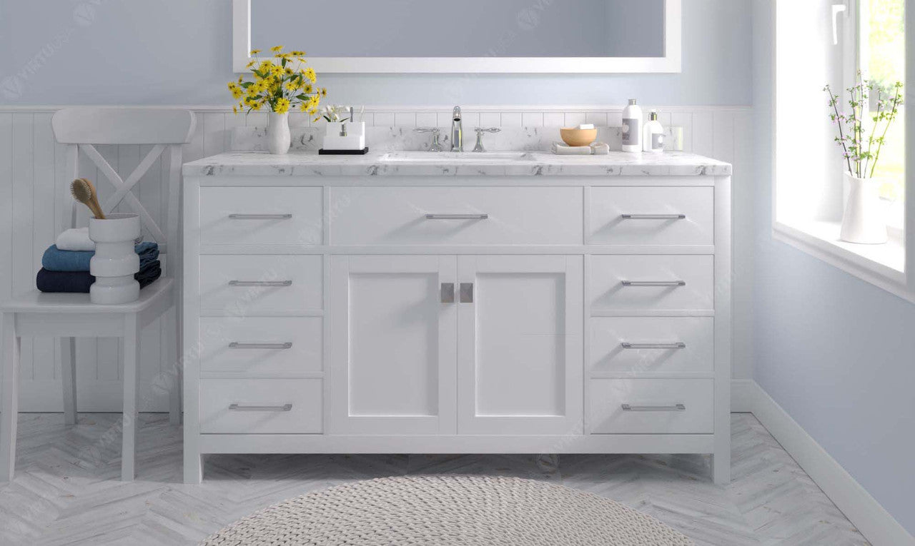 VHG MS-2060-CMRO-WH-NM Caroline 60" Single Bath Vanity in White with Cultured Marble Quartz Top and Round Sink