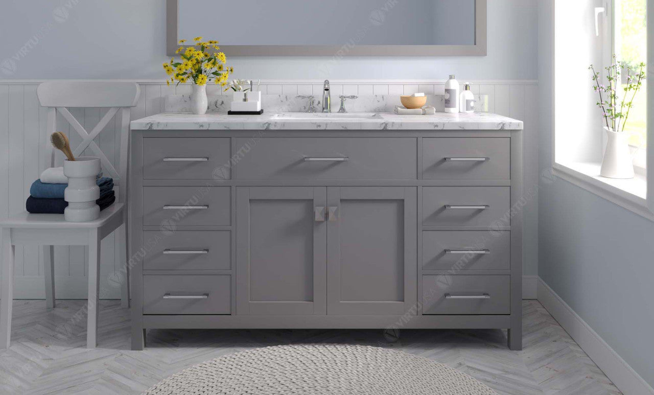 VHG MS-2060-CMSQ-GR-NM Caroline 60" Single Bath Vanity in Gray with Cultured Marble Quartz Top and Square Sink