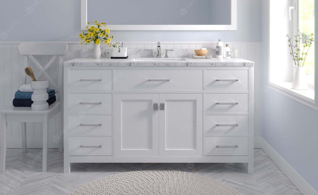 VHG MS-2060-CMSQ-WH-NM Caroline 60" Single Bath Vanity in White with Cultured Marble Quartz Top and Square Sink