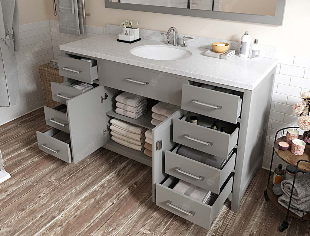 VHG MS-2060-DWQRO-GR-NM Caroline 60" Single Bath Vanity in Gray with White Quartz Top and Round Sink